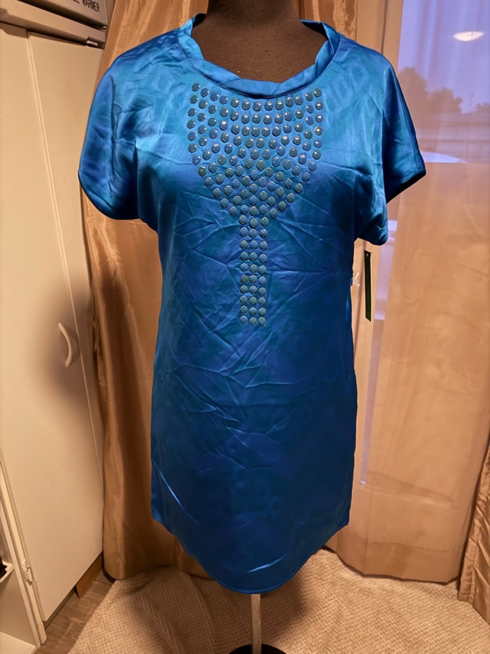 Marika Blue Satin Stud-Accent Mini Dress